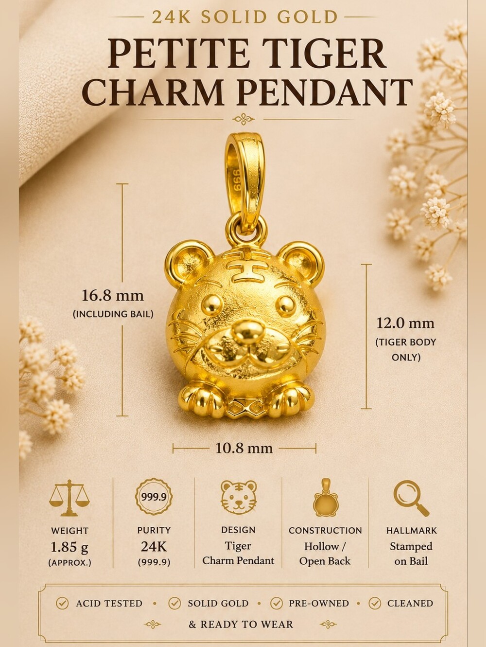 🐯 24K Solid Gold Small Tiger Charm Pendant - 1.85g